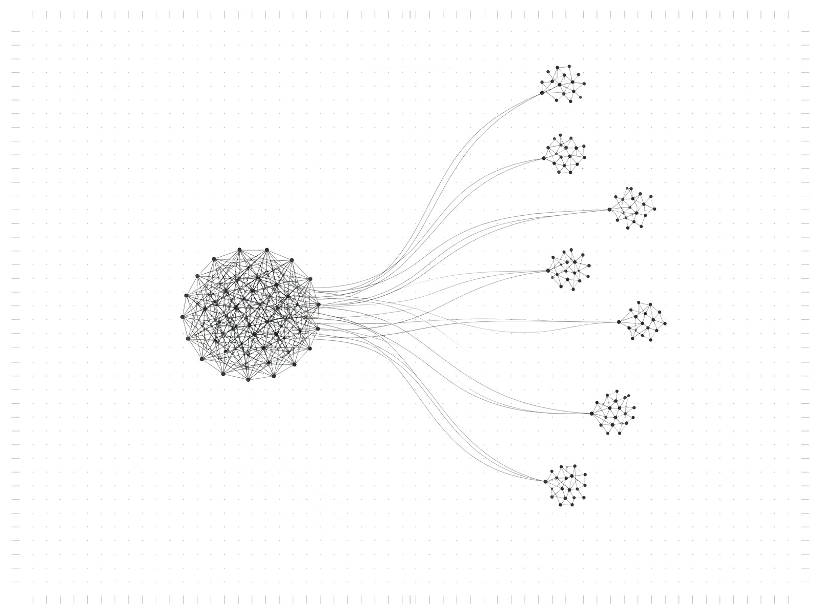 Fig 1. A dense core of linked opinion clusters fanning out into smaller groups — how opinion about an organisation forms inside AI systems.